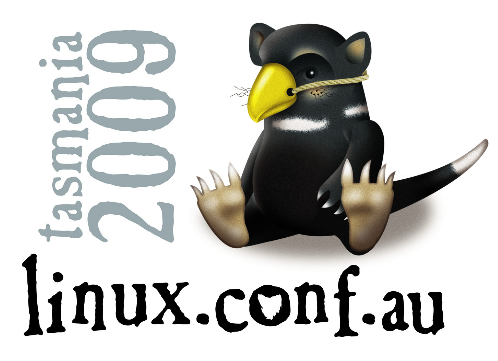 Linux.conf.au Tasmania 2009 logo en mascotte